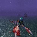 Flying on a dragonhawk in the rain with Blood Elf ships in the background