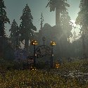 Hallow's End pumpkins on the graveyard gate at The Sepulcher
