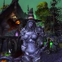 The Lady Sylvanas Windrunner statue in Brill with a Hallow's End hat